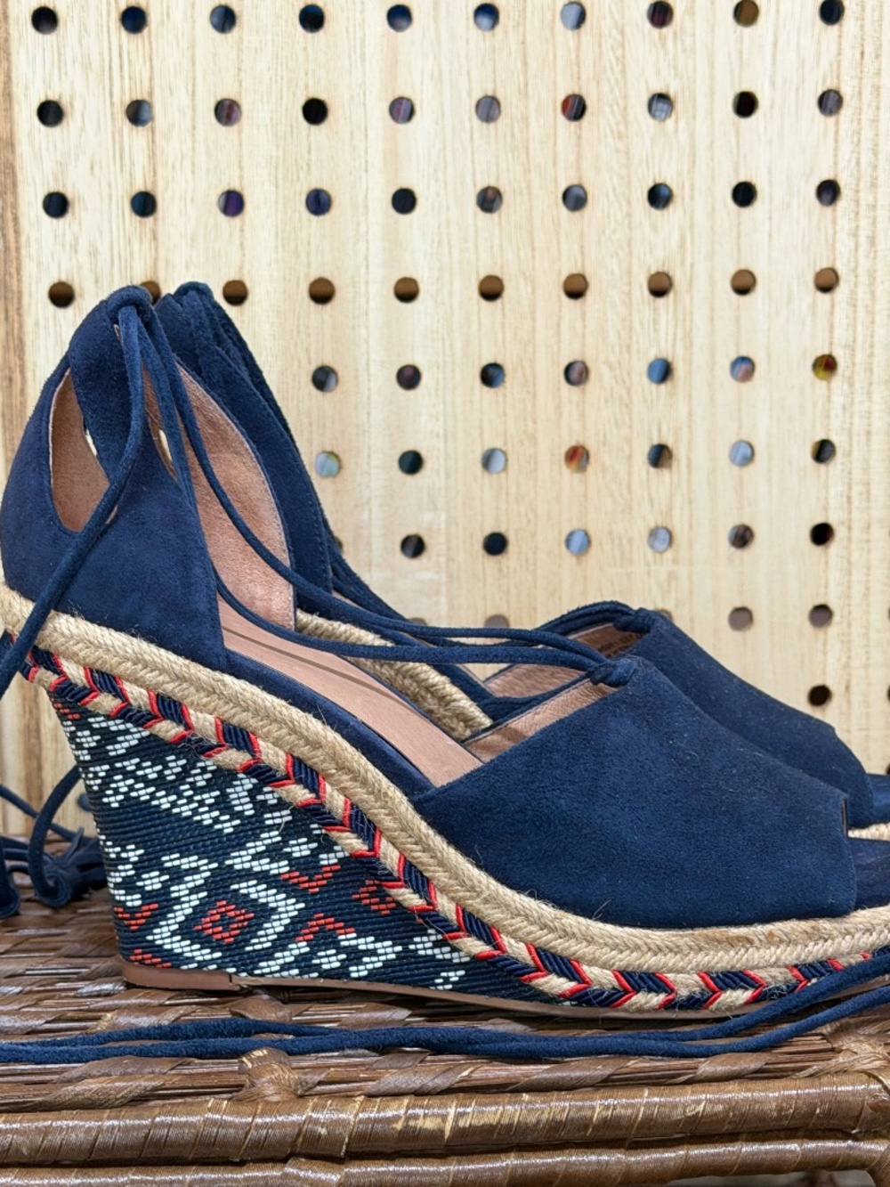 CAbi Navy Lace Up Espadrille Wedge Sandals Boho US 7